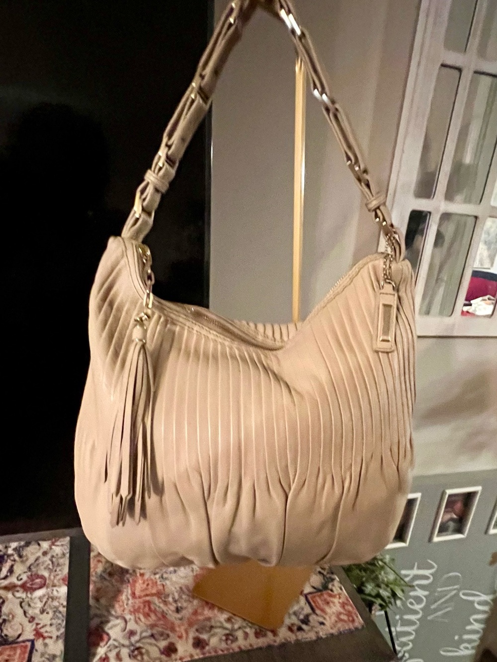 Cole Haan Pleated Hobo Shoulder Bag in Beige with Tassel